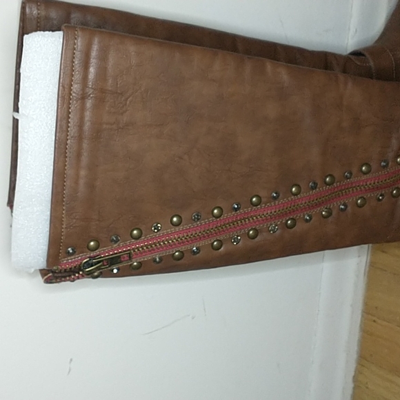 Not rated "mockingbird" tan/brown faux leather knee high studded boots - Picture 3 of 11
